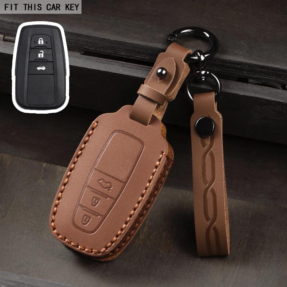 Leather Car Smart 3 Button Key Case Cover Bag Keychain for Toyota Avalon Camry RAV4 Prius CHR C-HR Corolla Land Cruiser Prado