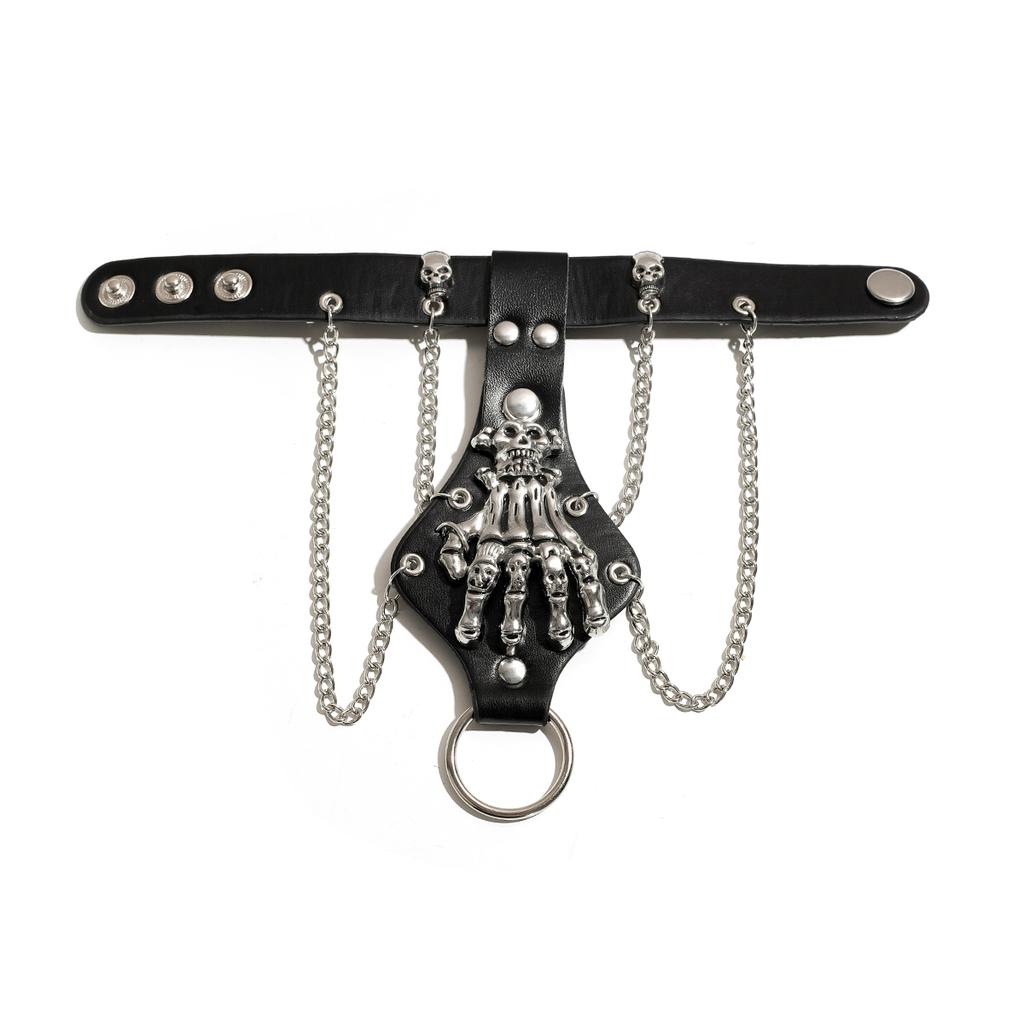 Goth Black PU Leather Skull Finger Wrist Chains Rings Bracelets Women Punk Hand Bangles Halloween Grunge Jewelry Steampunk Men