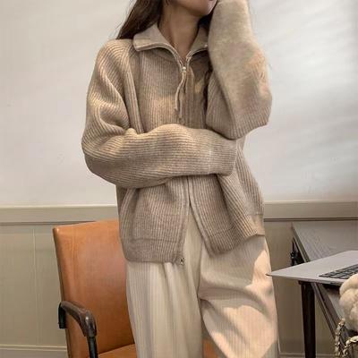 Knitted Cardigan Sweater Female Spring and Autumn Lapel Zipper Sweater Long Sleeve Solid Women Foreign Outerwear Cardigan Female