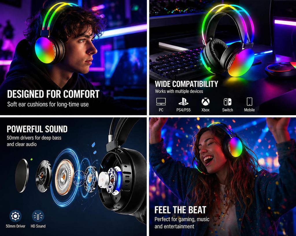 Light-Up Gaming Headset: Wireless Over-Ear Headset with Gradient RGB Lighting Effects