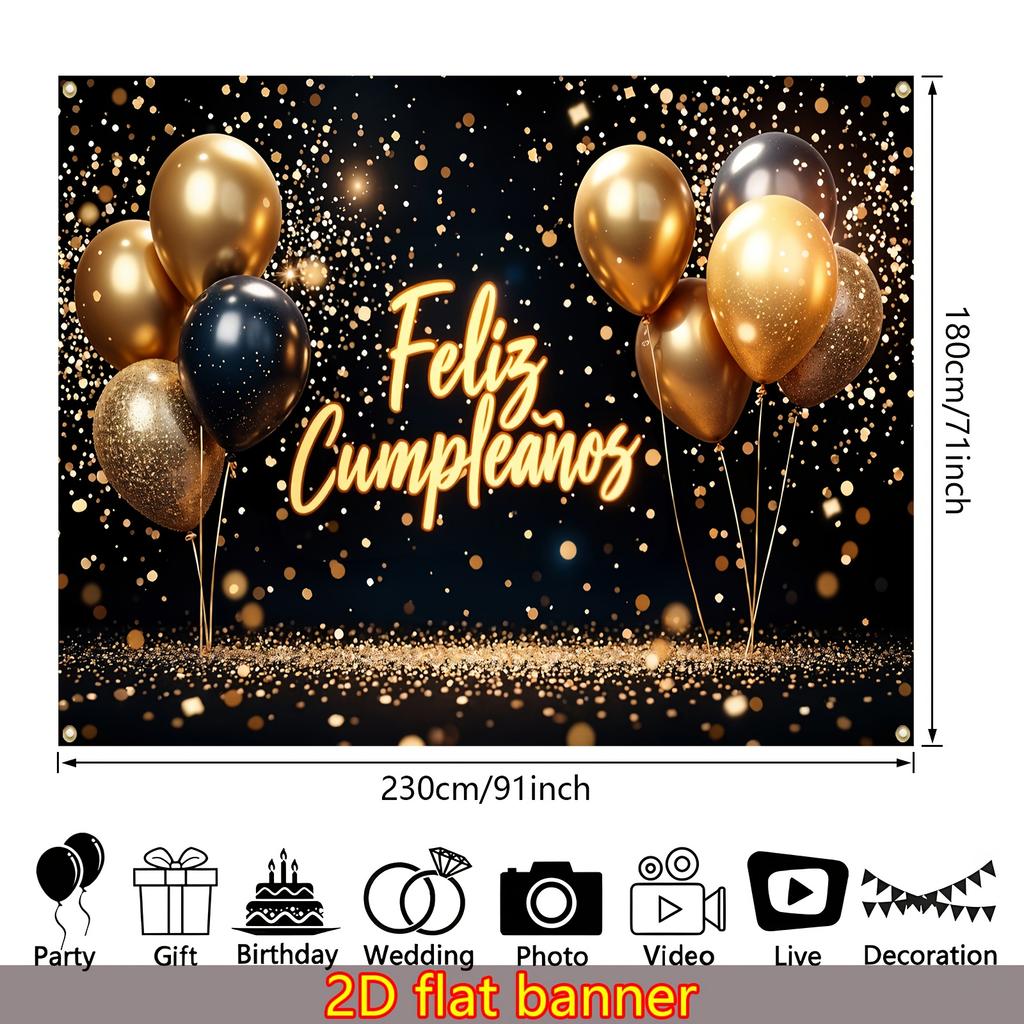 2D Flat Banner, Happy Birthday Banner In Spanish Language with Balloons, Indoor and Outdoor Yard Decoration Banner