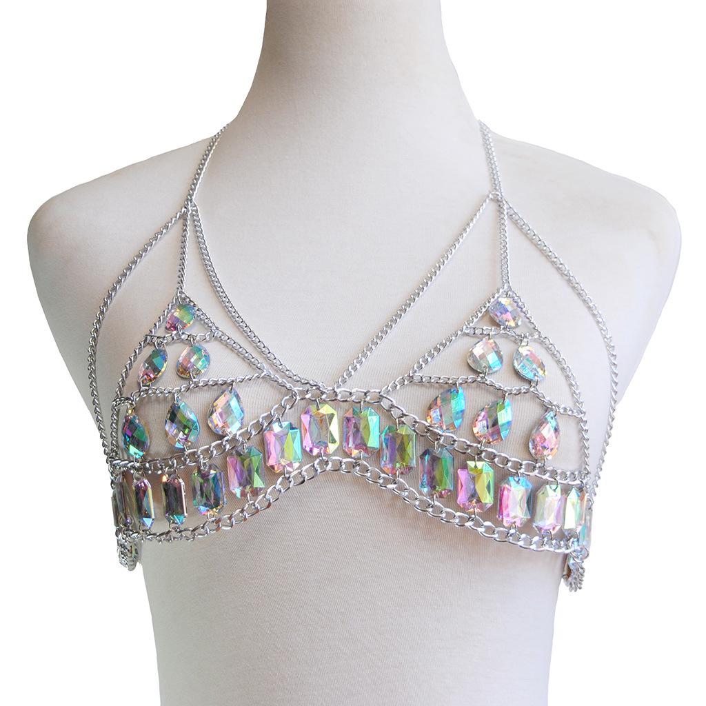 Gold//Silver Gypsy Shiny Rhinestone Bra Chest Body Chain Harness Beach Necklace