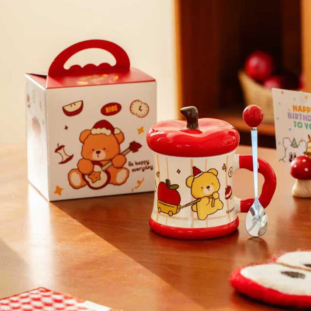 Creative Covered Ceramic Cup Apple Bear Mug Love Lover Souvenir Set Large Capacity Water Cup with Handle