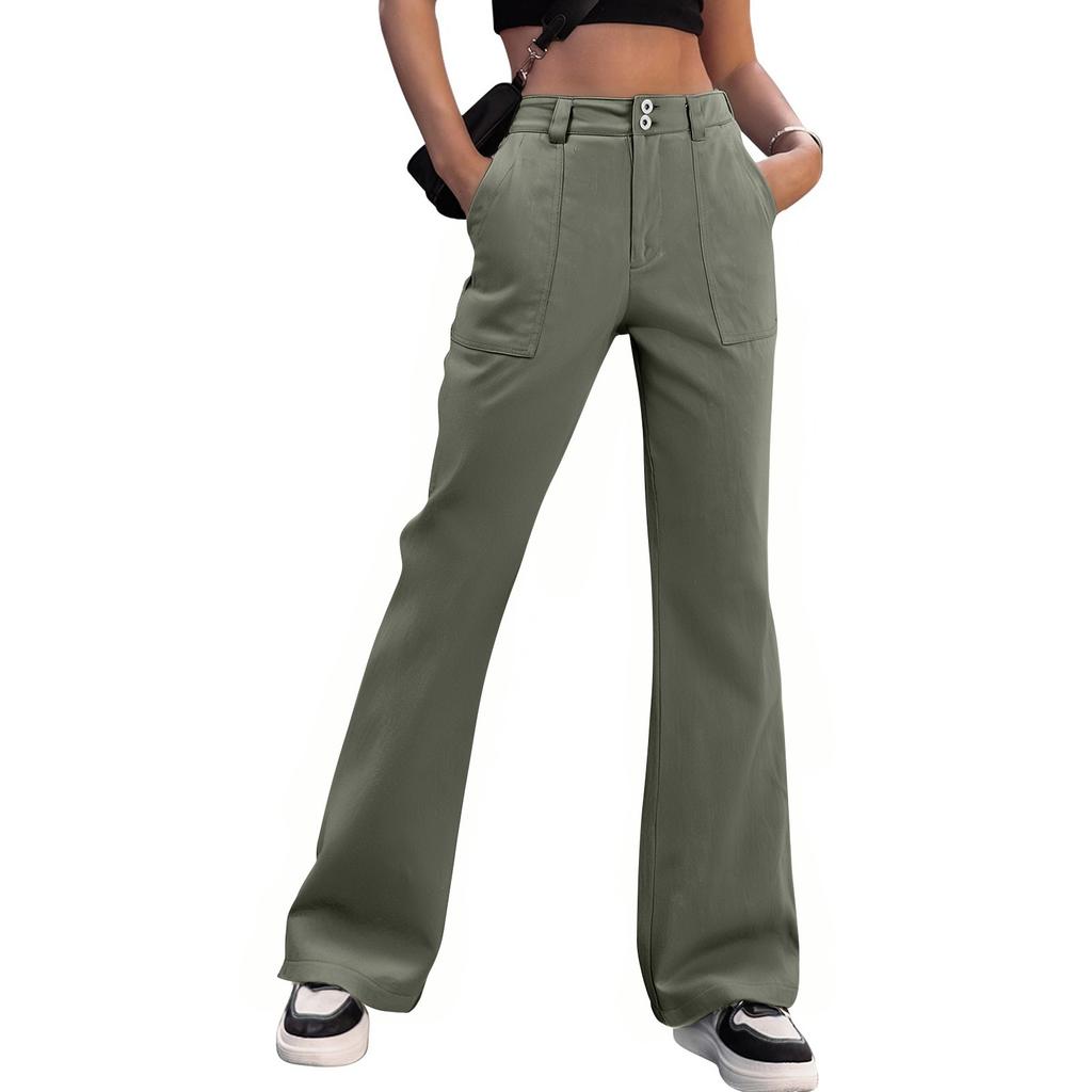 Women's Wide Leg Cargo Pants Flare Pants For Women Double Button Mid Waist Pants Trendy Fashion Casual Pants
