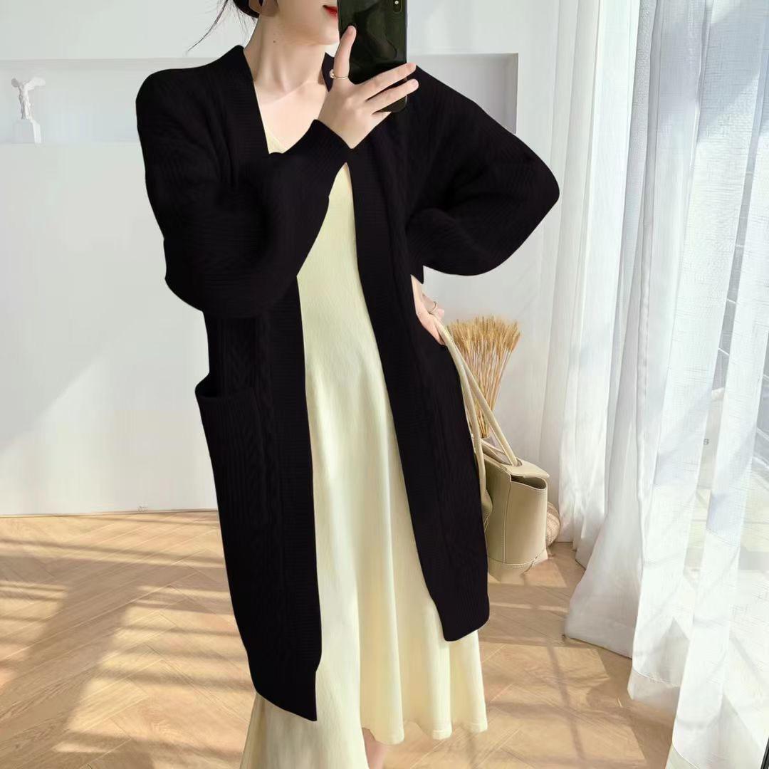 

Свободные рукава-фонарики без пуговиц, вязаный кардиган средней длины, женский осенний свитер с длинными рукавами для женщин, кардиган, топы One Size чёрный