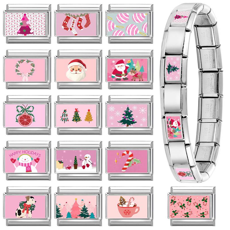 New Christmas Series Santa Claus Snowman Tree Dog Pink Italian Charm Links Fit 9MM Stainless Steel Bracelet Women Men DIY Making