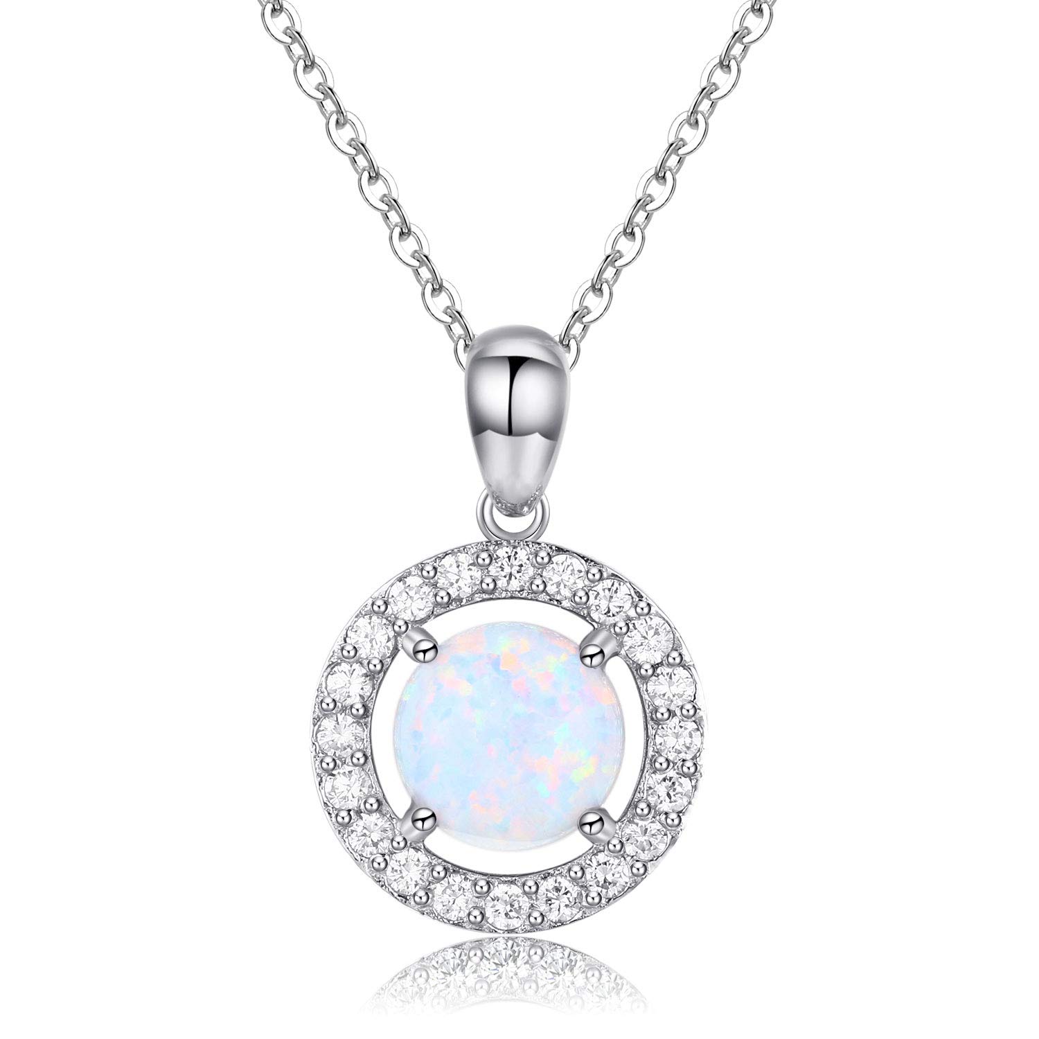 CUOKA MIRACLE Artificial Opal Pendant Necklace, Sterling Silver, Elegant Simple Necklace, Opal, Cubic Zirconia, Round Halo Necklace for Women