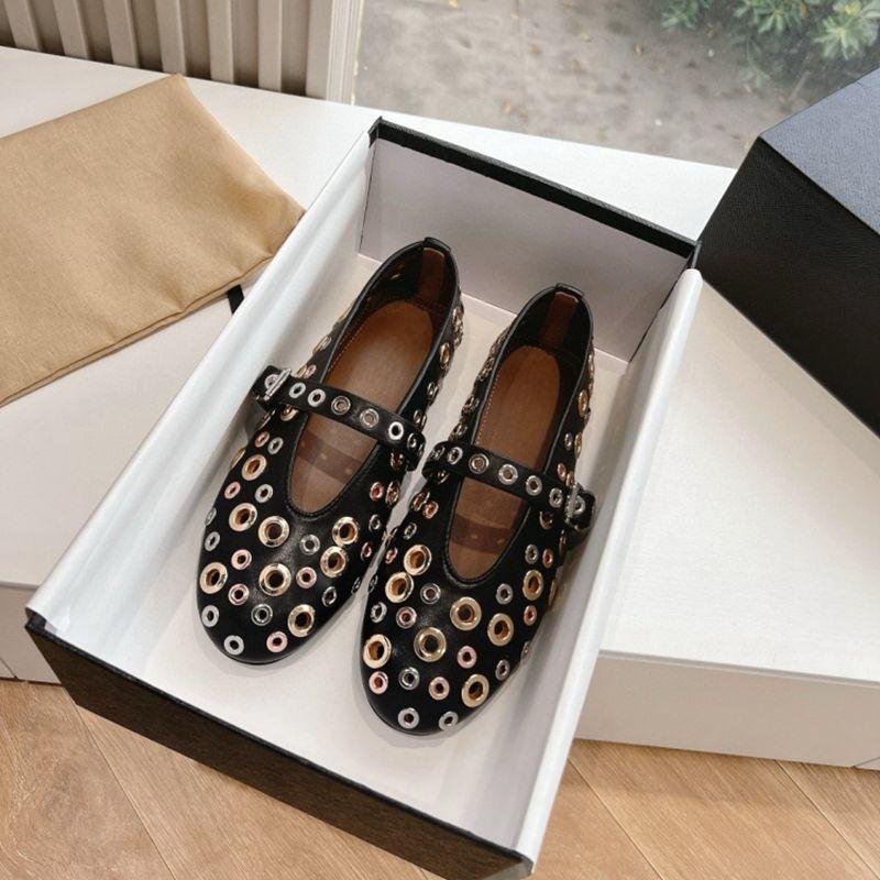 Metal Rivet Mary Jane Single Shoes Women's Spring and Summer Leather Round Head Flat Bottom One-word Belt Hollow Ballet Shoes