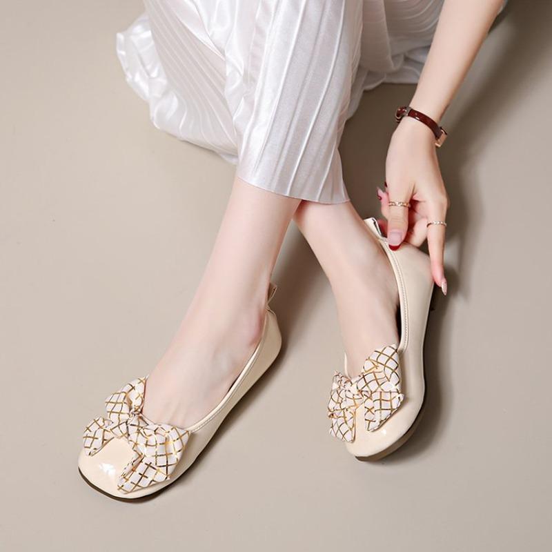 Fashion Fashion Round-toe Women's Flat Shoes 2025 Summer Sweet Ballet Comfortable Elegant Fine Plaid Bow Women's Shoes Large