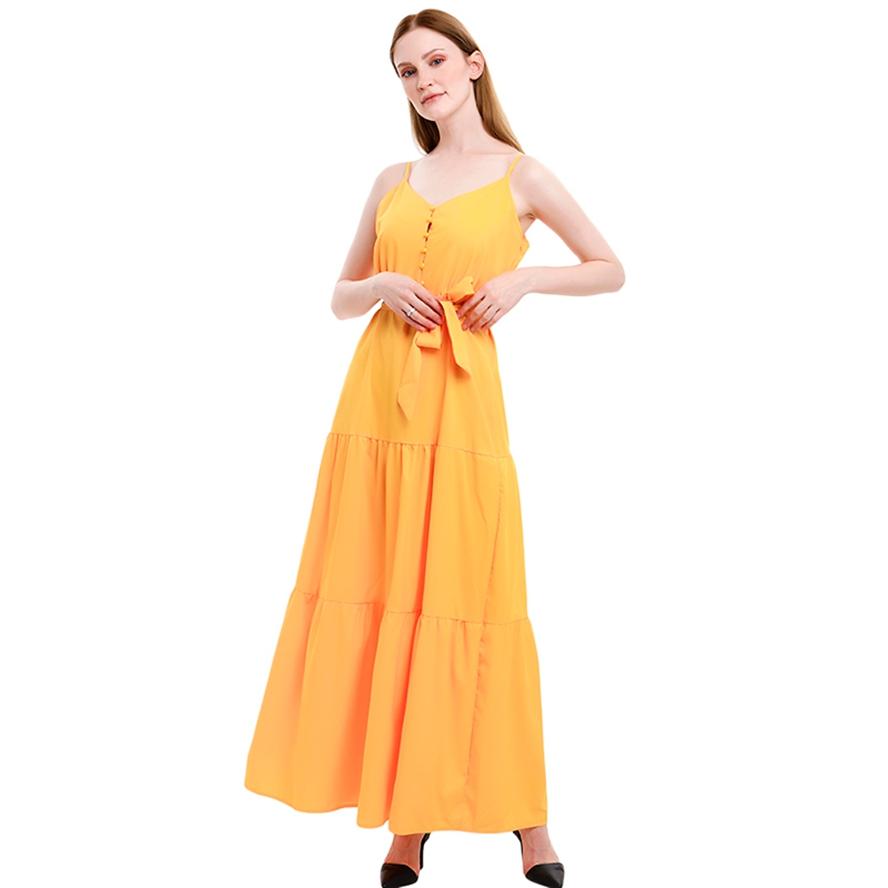 Women's Long Skirt Fashion Sexy and Ankle Bohemian Personality Button V-neck Stitching Strap Dress