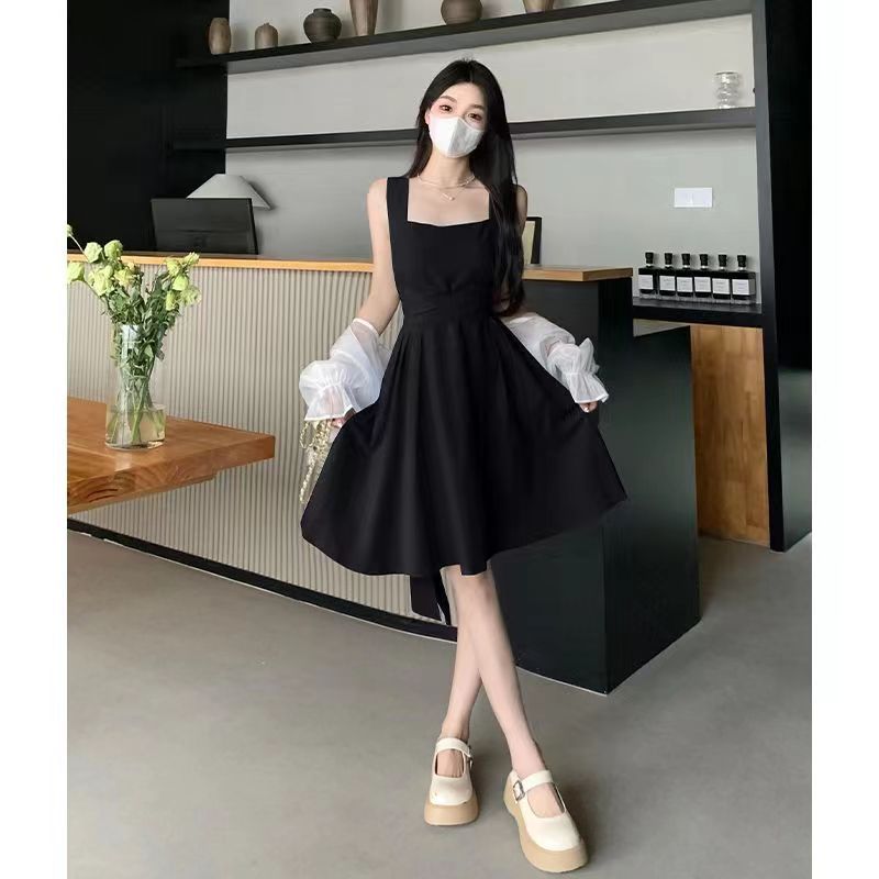 Douyin popular fresh solid color cross-strap suspender skirt girly fashion foreign style waist thin dress