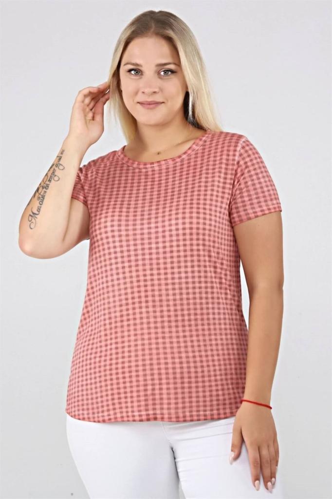 Damen Stil Große Größe T-Shirt Karomuster Ölwaschung Basic T-Shirt-Blau