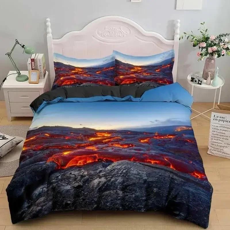 Top Volcano Duvet Cover Set King Size Disaster Pattern Red Yellow Comforter Cover Microfiber Lava Bedding Set