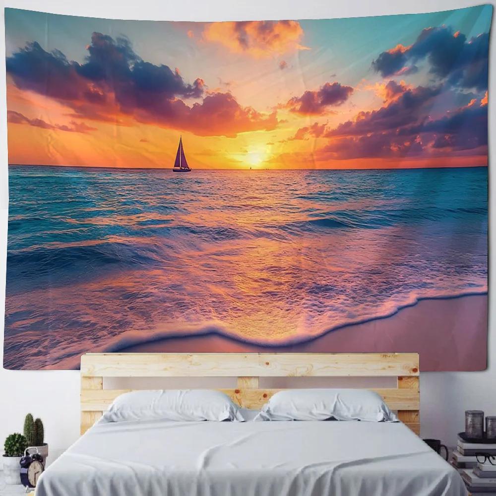 Colorful Sky Beach Sunrise Tapestry - Wall Hanging Bed Blanket Beach Picnic Mat for Home Studio Decoration