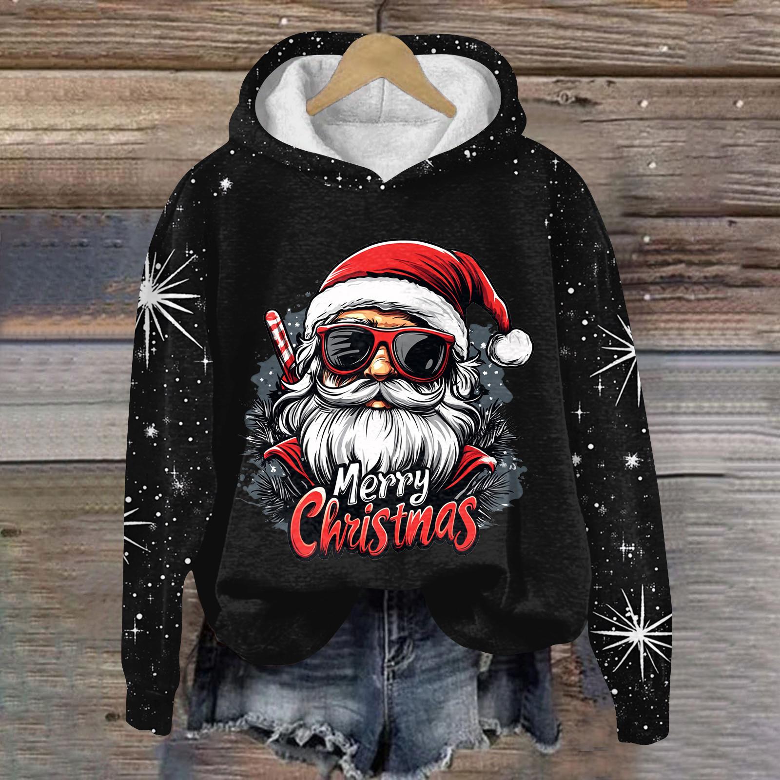 

Женская мода повседневный пуловер с рукавами-заглушками и рождественским принтом с капюшоном XL