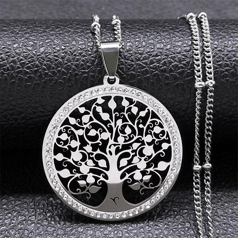 Fashion Tree of Life Stainless Steel Necklace Gold Color Crystal Pendant Necklaces Elegant Women Girl Jewelry Gifts N76S01
