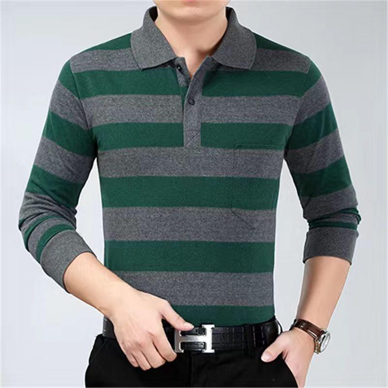 Moda Hombre Nuevo Negocios Camisas Polo Rayadas Coreano Primavera Otoño Casual Manga Larga Solapa Bolsillos Ropa Masculina Algodón Tops 2025