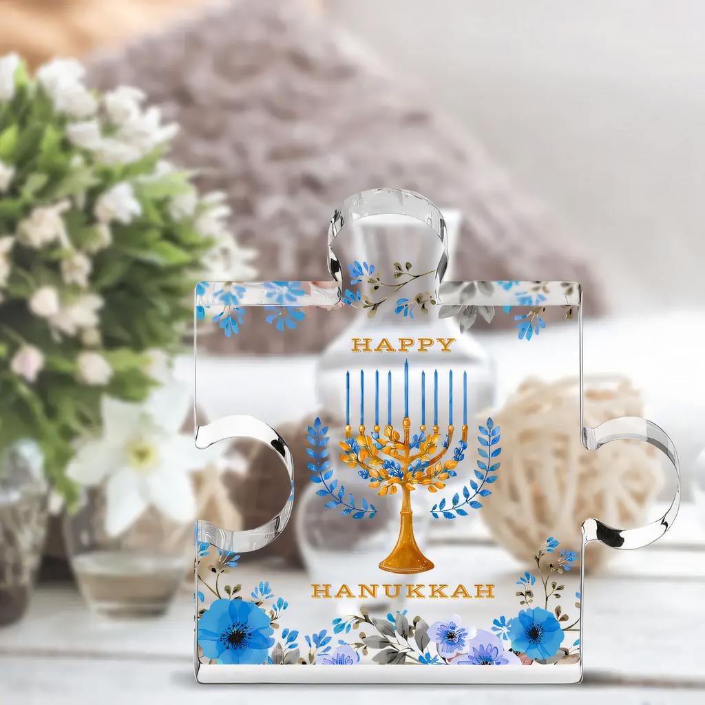 Acrylic Sign, 1pc Hanukkah Gifts Hanukkah Happy Blue Flower Leaf Pattern Acrylic Desktop Decorations, Home Office Party Decorations, Family Friends
