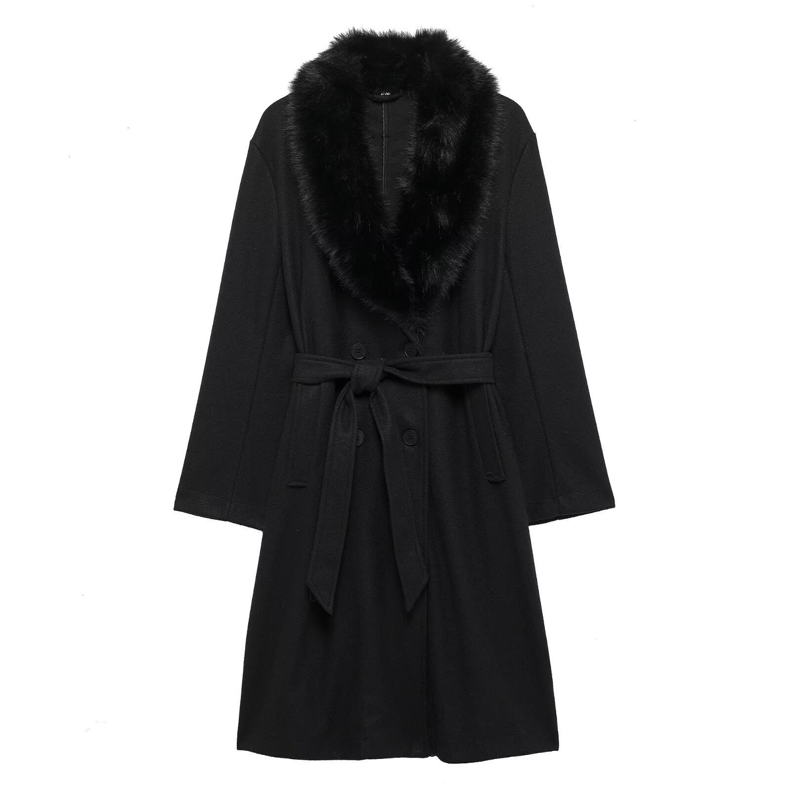 

2025 Spring Women s Faux Fur Belted Lapel Coat Large чорний