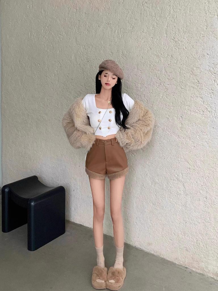 Women's Coffee Ruffled Winter Lamb Wool High-Waist Wide-Leg Retro Booty Shorts