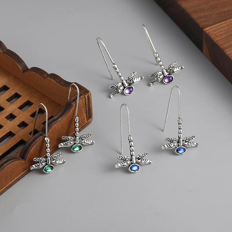 Retro Silver Color Women's Dragonfly Earrings Inlaid with Blue Stones Dangle Earrings for Women Party Engagement Fashion Jewelry