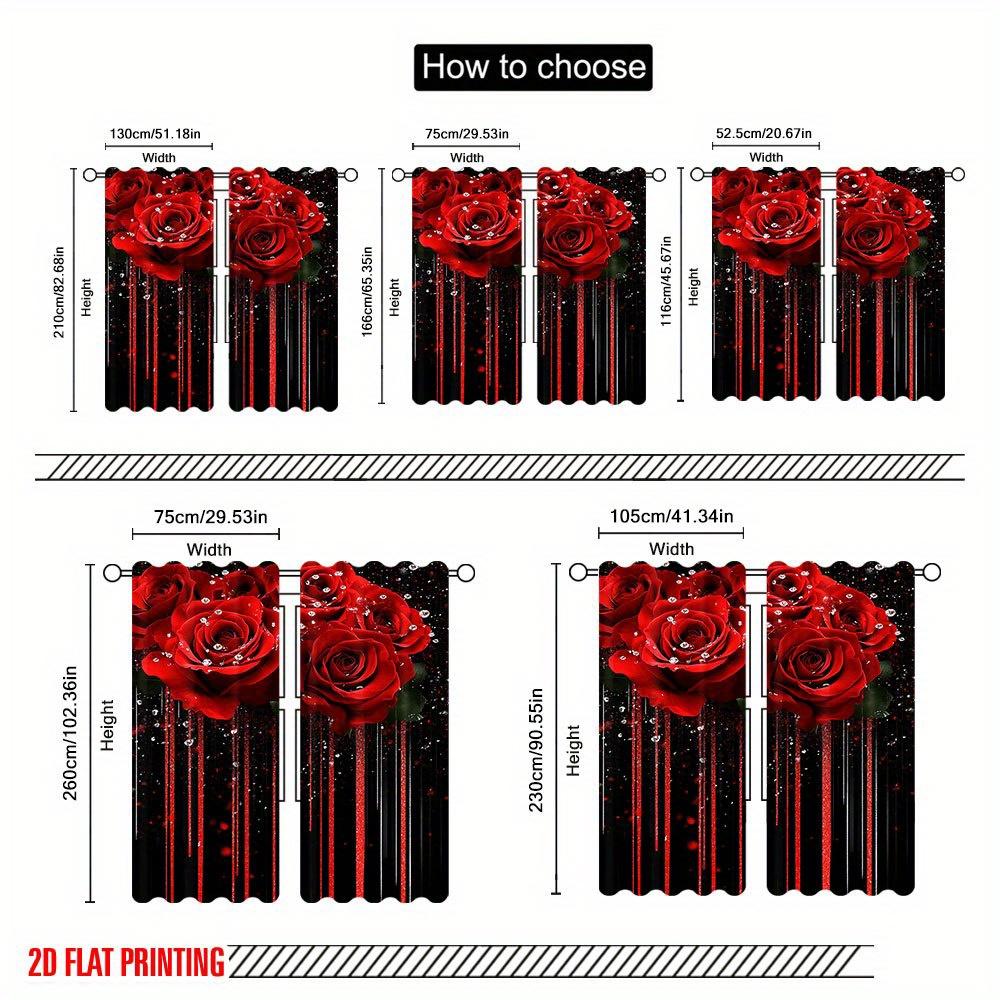 2Pcs Polyester Dimensional Red Roses Printing Window Curtains Birthday Party Decoration Backdrop Drapes for Living Room