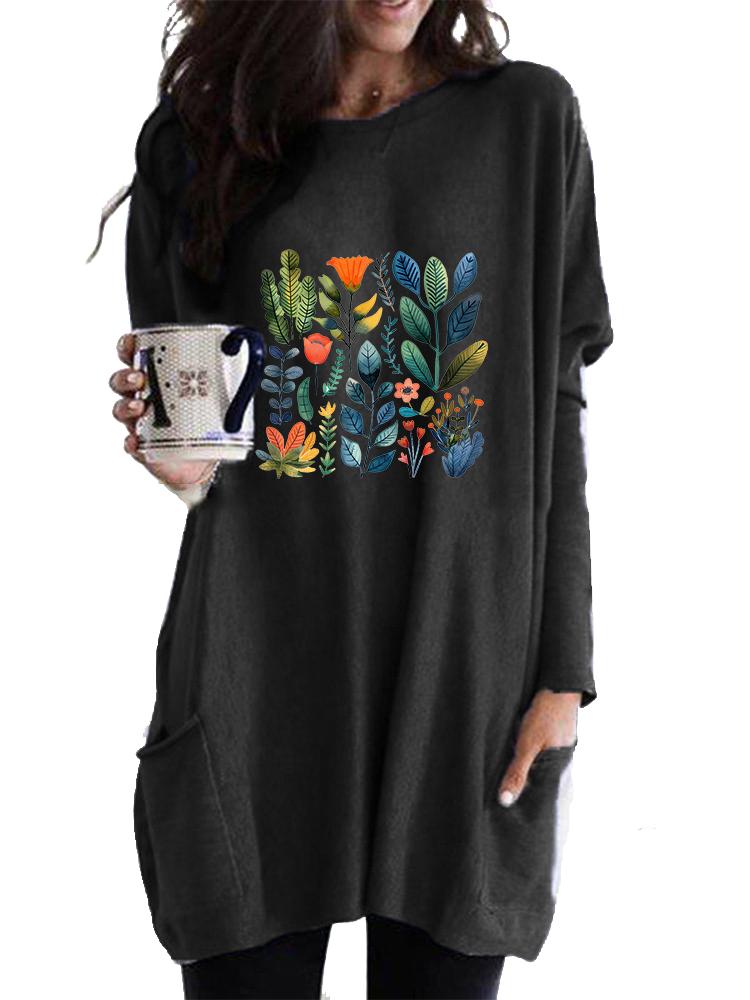 Ladies Sweatshirt Women's Long Tunic with Pockets Loose Fit Fashion Printed Logn Sleeve Top