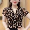 Summer Woman Clothing Vintage Mesh Leopard Print T-shirts Fashion Casual Female New V-Neck Short Sleeve Thin Basic Slim Tops