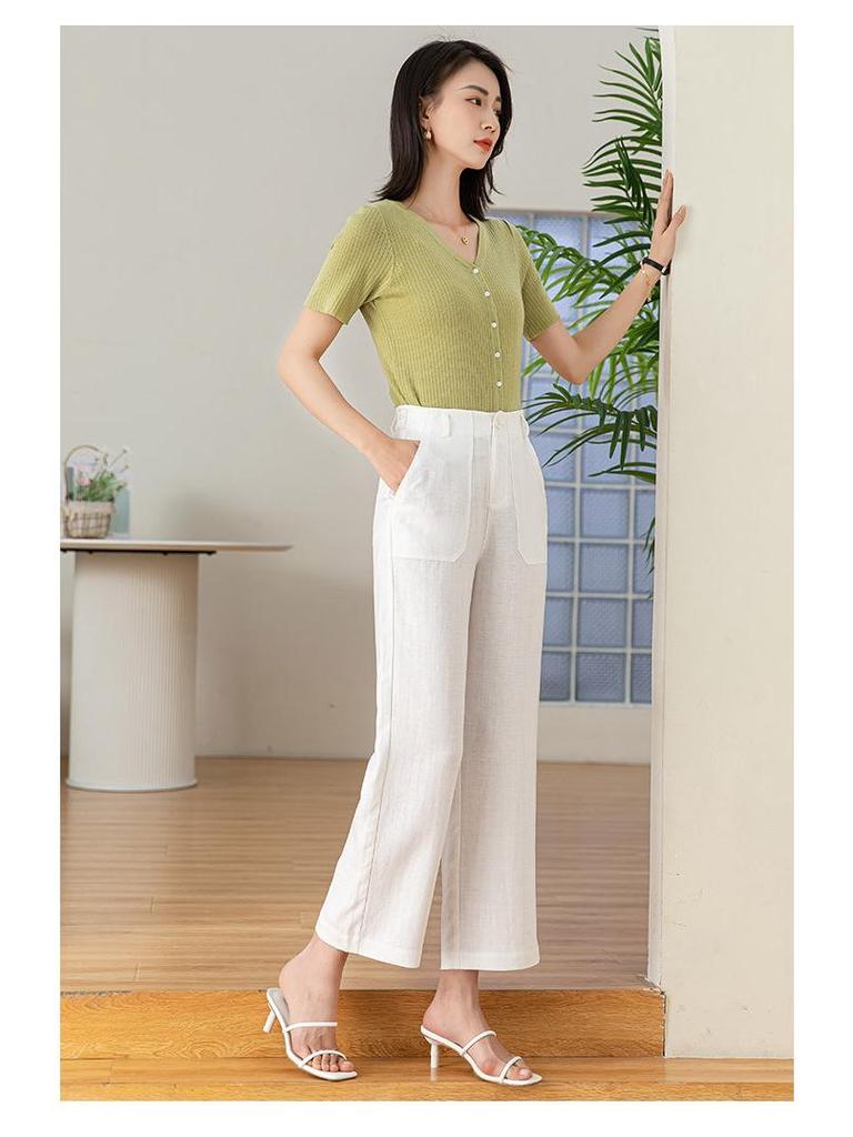 Tencel Leinen Weite Weiße Hose für Damen - Elastischer Bund, Gerade Neun-Punkt Lässig OL Professioneller Stil.