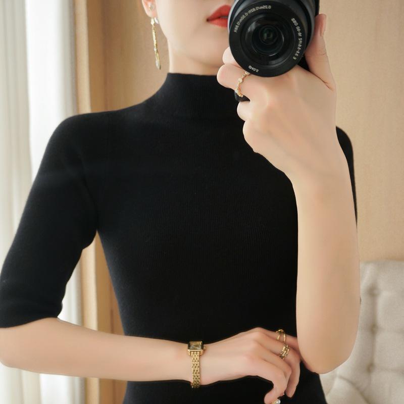 Women's Slim Fit Autumn Knit Sweater with Half High Neck & Mid-Sleeves