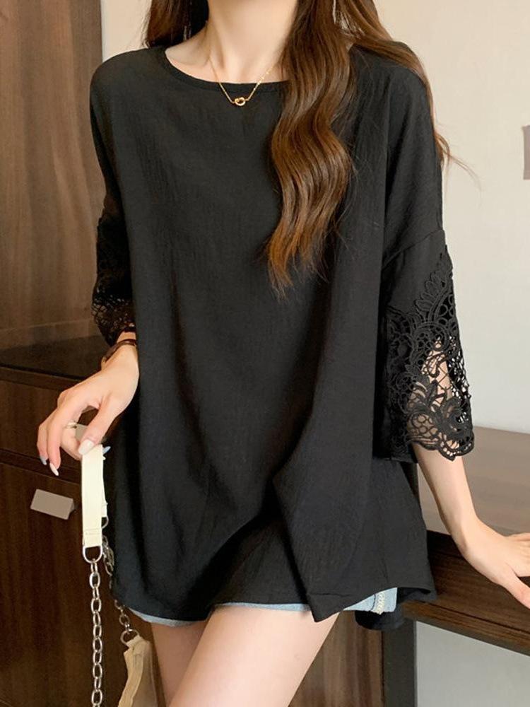 Plus Size O-Neck Spliced Lace Ruffles T-Shirts Female Clothing Summer Loose Solid Color Casual Short Sleeve Tops Sweet Tee