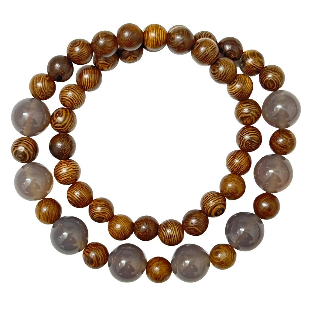 Double Layered Wooden Bracelet with Natural Agate Stone for Men 8mm Round Beads Bangle Multilayered Wristbands