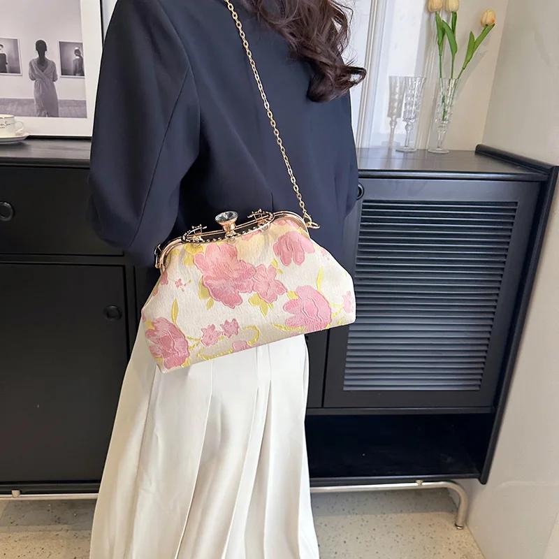 Flower Print Clutch for Women Evening Bags Ladies Chain Messenger Bags Crystal Canvas Handbags Fashion