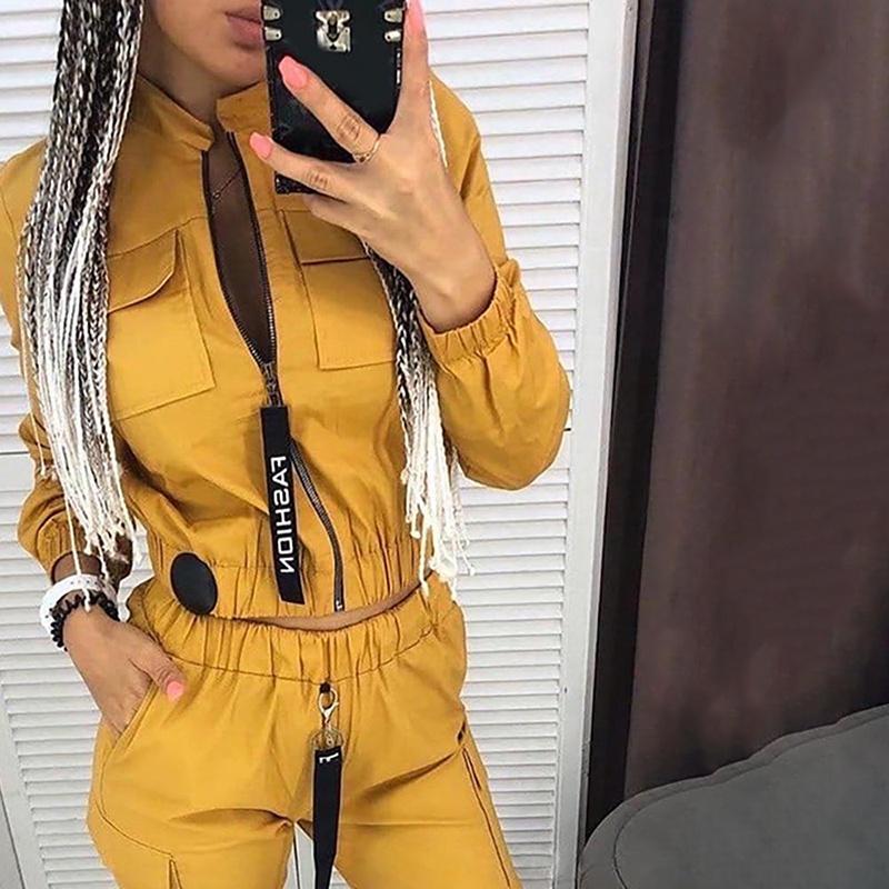pockets zipper design ruched coat & cargo pants sets