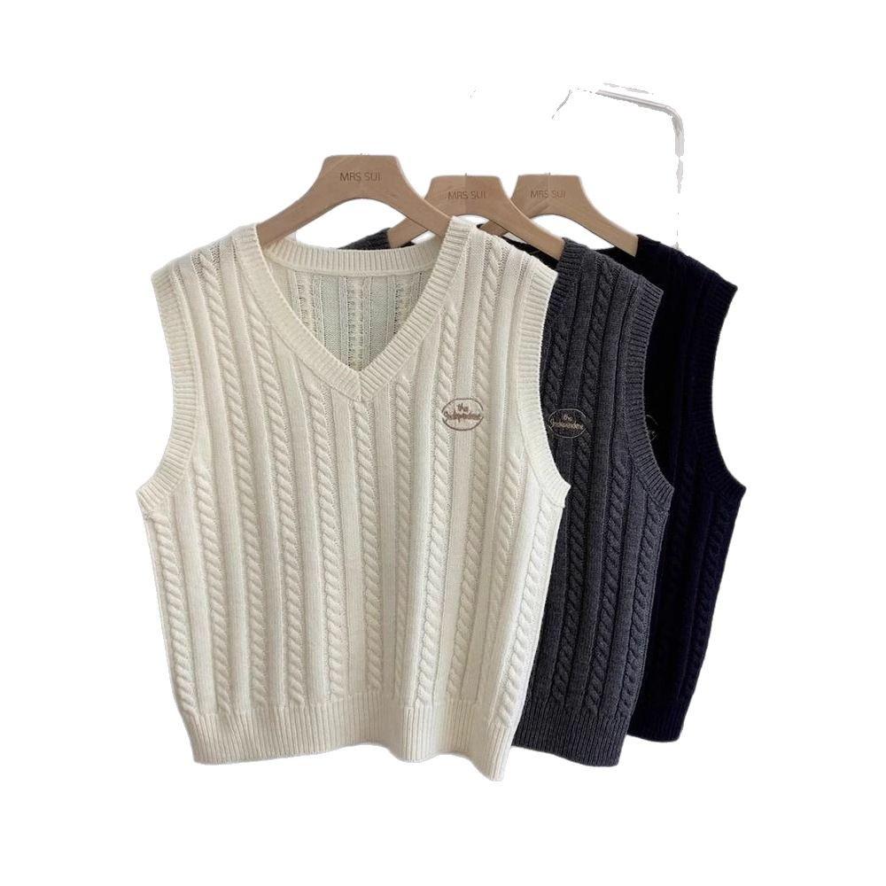 Women's College-Style Cable Knit V-Neck Embroidered Layering Vest