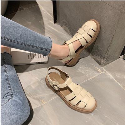 Weicher Boden Baotou Klobiger Absatz Dicker Boden Retro Mode Römische Gewebte Sandalen Damen