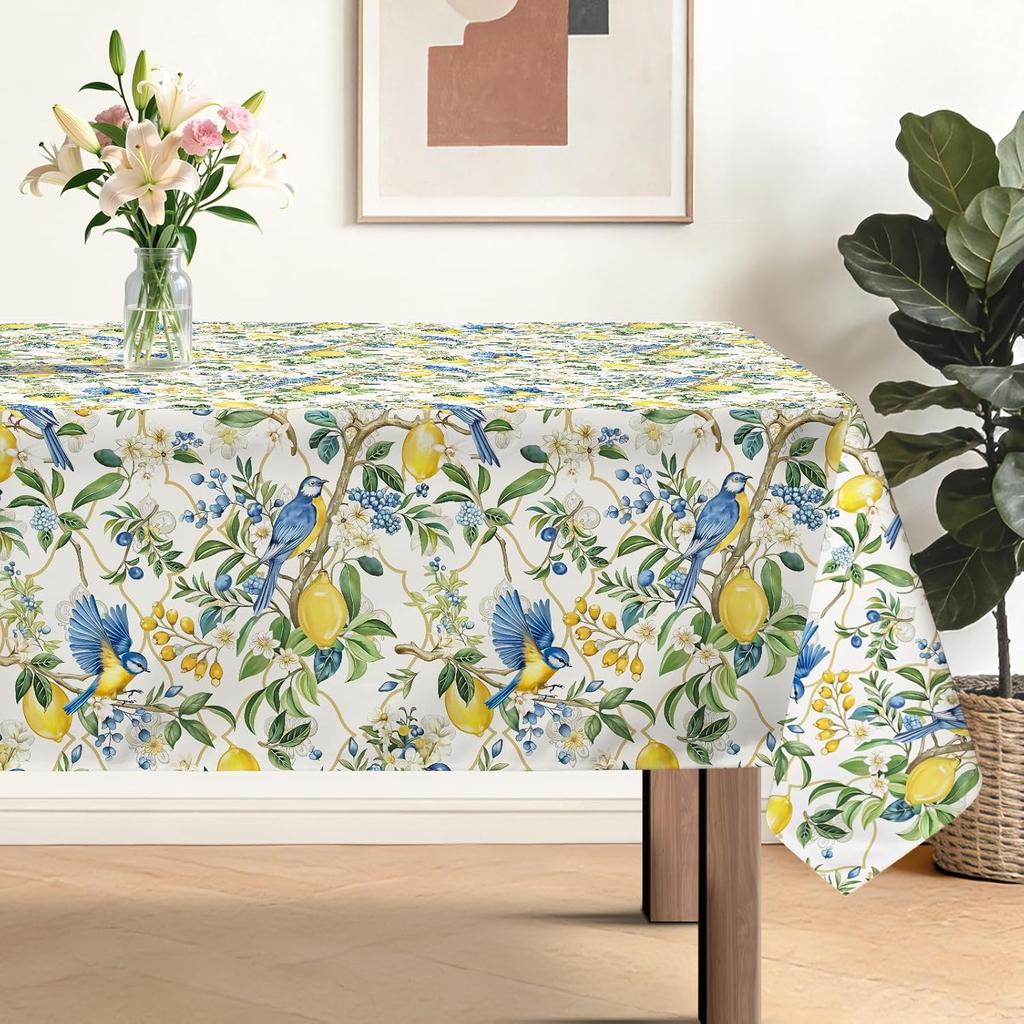 Sommer Zitrone Blau Floral Vögel Rechteckiger Tischdecke für Tischdekoration Waschbar Bauernhaus Küchentischdecke Feiertagsparty Dekor