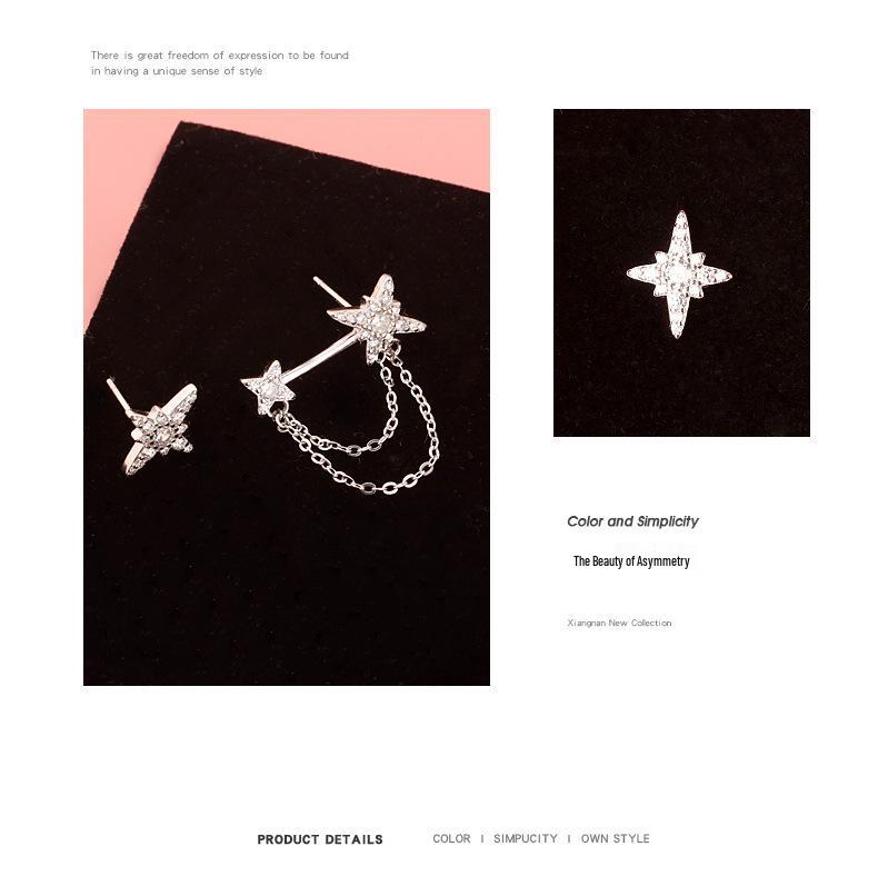 S925 Sterlingsilber Asymmetrische Stern Diamant Ohrstecker mit Kette für Damen - Mori Stil