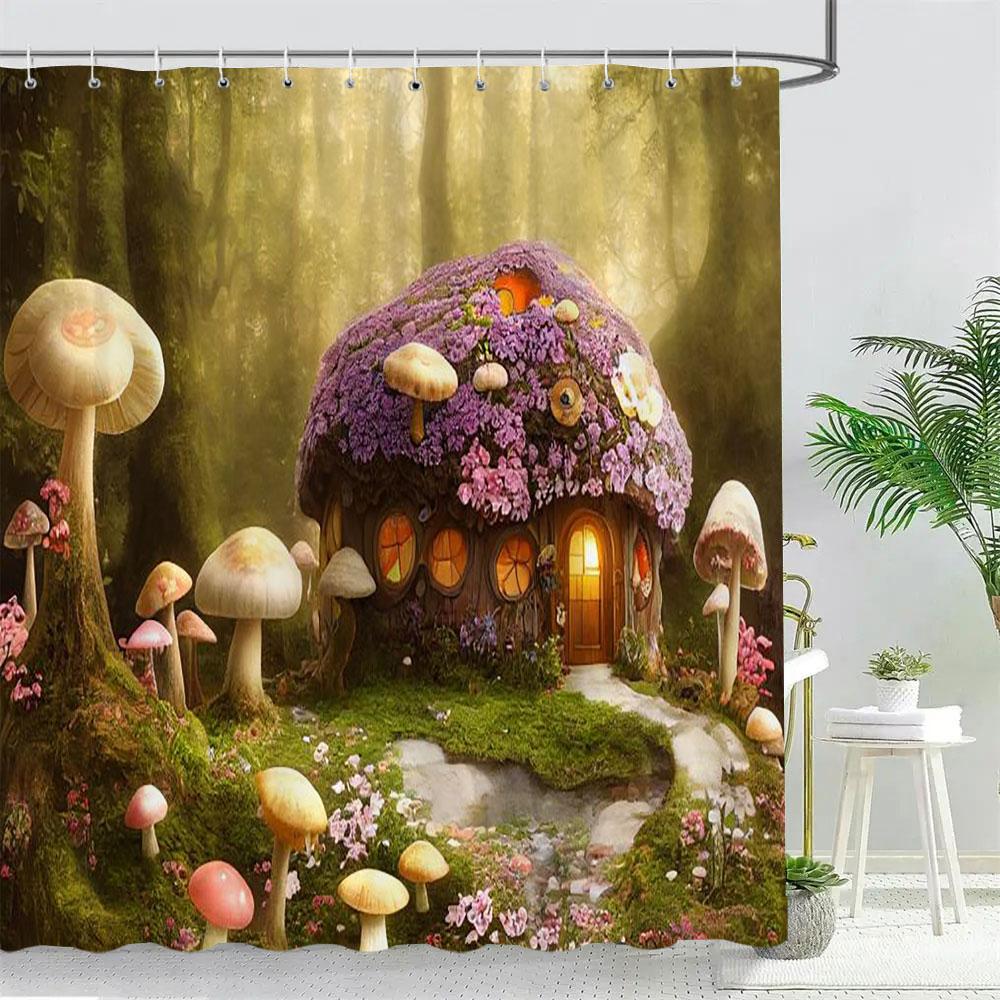 Fantasy Forest Mushroom House Shower Curtain Pretty Cartoon Pattern Polyester Fabric Kids Bath Curtain Bathroom Decor With Hooks