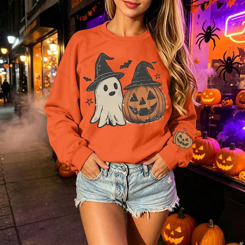 Unisex Halloween Print Lightweight Long Sleeve Neck Pullover Sweatshirt for Casual