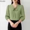 Women Casual V-Neck Solid Color Loose 3/4 Sleeve Blouse