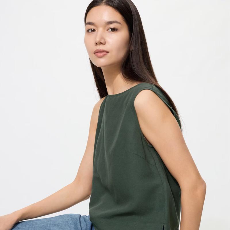 UNIQLO 483890 Linen Blend Sleeveless Blouse Top RED OFF WHITE BLACK NATURAL BROWN DARK GREEN Women Japan
