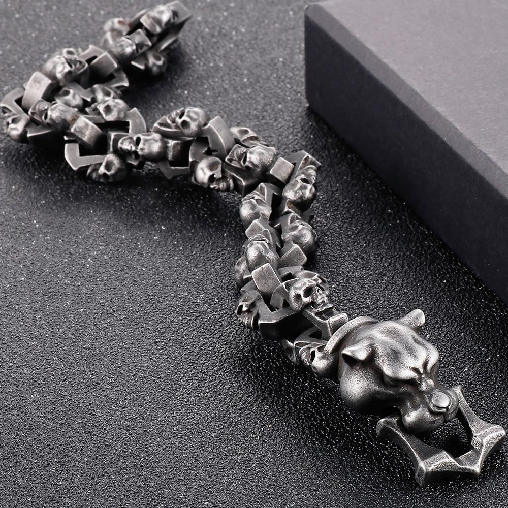 Punk Leopard Head Man Bracelet for Men Stainless Steel 18MM Widith Skull Link Men's Bracelets Halloween BikerGothic Jewelry 24CM