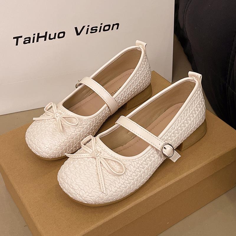 

Versatile thick heel Mary Jane shoes bow fairy style super soft small single shoes gentle French round head retro single shoes 40 бежевый