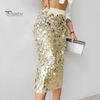 High-waisted Skirt Women High Waist Sexy Hip-Hugging Sequin Glitter Solid Midi Color Mid-calf Length Hip Wrapped Slimming Design Wedding Clubwear