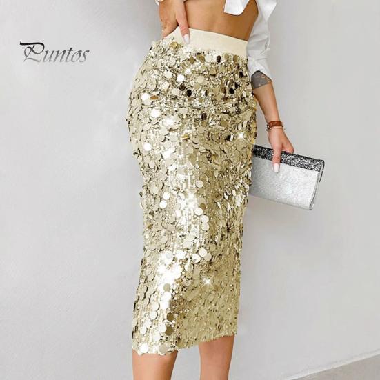 High-waisted Skirt Women High Waist Sexy Hip-Hugging Sequin Glitter Solid Midi Color Mid-calf Length Hip Wrapped Slimming Design Wedding Clubwear