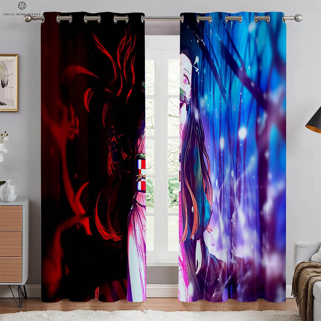 Japanese Anime Print Curtains for Kids Room, Bedroom, Living Room, Kitchen Decorative Curtains, Home Decoration, 2 PCs