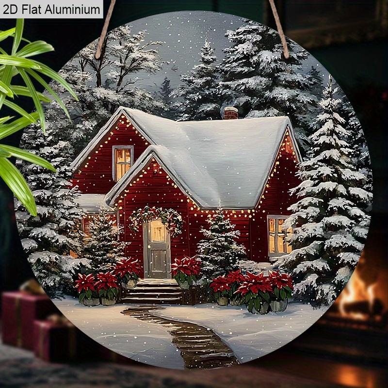 2D Flaches Aluminium-Weihnachtsschild mit Schneehäuschen-Muster - Warme Winter-Figuren-Ornamente - Ideal für Haustür, Wand, Veranda, Fensterdekoration - Ideal