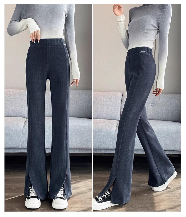 Women's Fleece-Lined Chenille Corduroy Flare Pants with Slits, Autumn/Winter 2024 Style