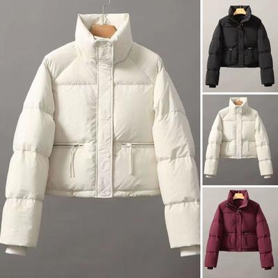 Women Winter Cotton Coat Thickened Padded Solid Color Stand Collar Neck Protection Short Windproof Long Sleeve Heat Retention Lady Down Coat Jacket